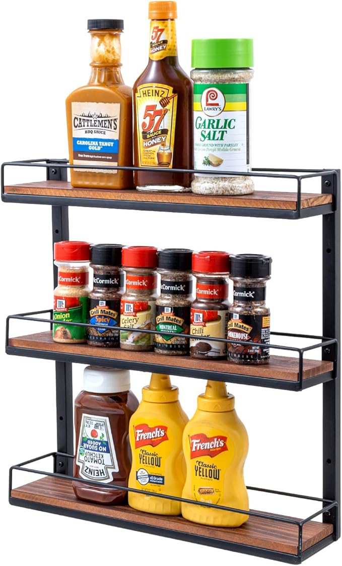 MyGift 3 Tier Wall Mounted Spice Rack, Black Metal and Burnt Solid Wood Kitchen Hanging Seasoning Shaker Spice Jar Condiment Bottle Shelf Pantry Organizer