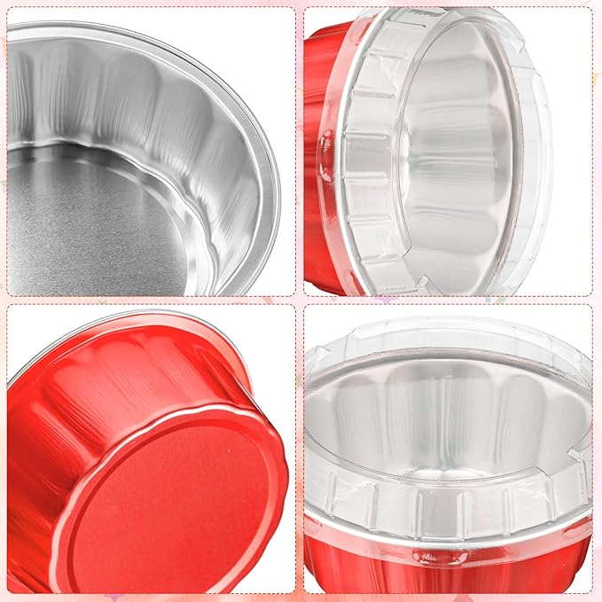 Tessco for you 100 Pcs Disposable Ramekins with Lids 8 oz Creme Brulee Ramekin Aluminum Foil Cup Cupcake Liner Baking Valentines Disposable Muffin Tin Pan Cheesecake Container (Red,Silver)