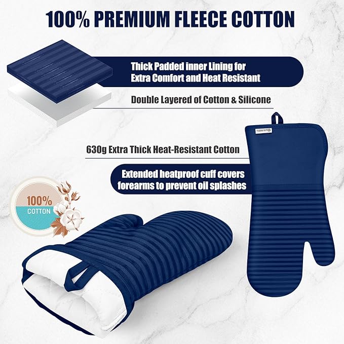 Oven Mitts and Pot Holder Sets with Silicone Grip, 500°F Heat Resistant-6 Pack Dishcloth/Dish Towels for Kitchen 100% Cotton-Value Kitchen Essentials for Cooking, Baking, Grilling-Marine Blue