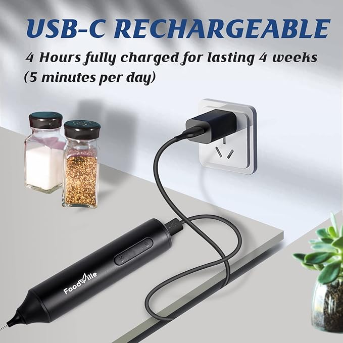 FoodVille MF05 Rechargeable Milk Frother USB Charging Handheld Foam Maker with Stainless Balloon Whisk for Cappuccino, Latte, Bulletproof Coffee, Keto Diet, Protein Powder, Matcha (Black)