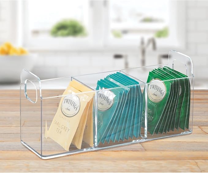 mDesign Plastic Condiment Organizer and Tea Bag Holder - 3-Compartment Kitchen Pantry/Countertop Storage Caddy - Divided Chip, Snack, Oatmeal Packet Holder - Lumiere Collection - 2 Pack, Clear