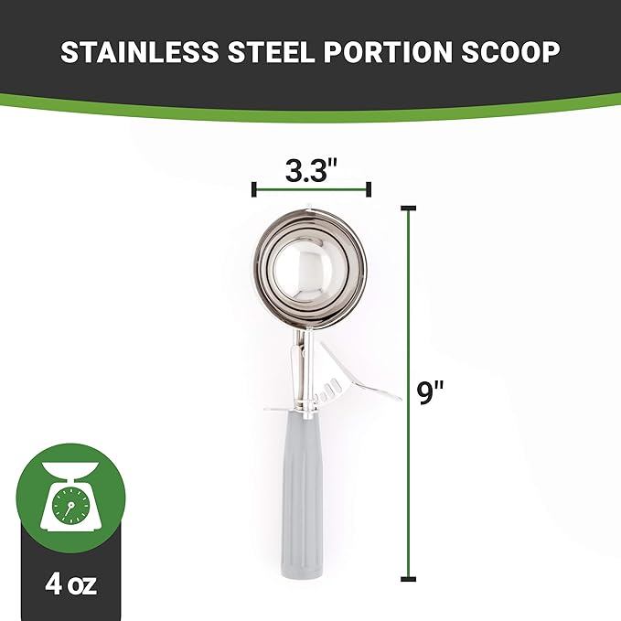 Restaurantware 4 Ounce Portion Scoop, 1 Trigger Release Stainless Steel Cookie Scoop - With Gray Handle, Stainless Steel Disher, For Portion Control, Cookie Dough, Cupcake Batter, Or Ice Cream