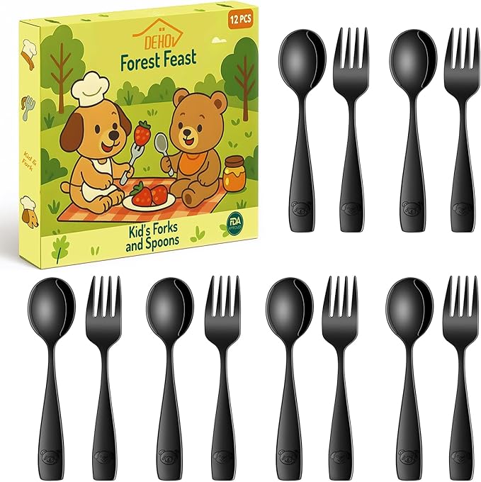 DEHOV Black Toddler Eating Utensils Set,Set Of 12 Food Grade Stainless Steel Silverware Sets For Kids,Dishwasher Safe Children Small Metal Spoons And Forks Flatware Sets