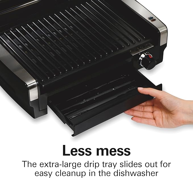 Hamilton Beach Electric Indoor Searing Grill with Viewing Window & Adjustable Temperature Control to 450F, 118 sq. in. Surface Serves 6, PFAS-Free Removable Nonstick Grate, Stainless Steel