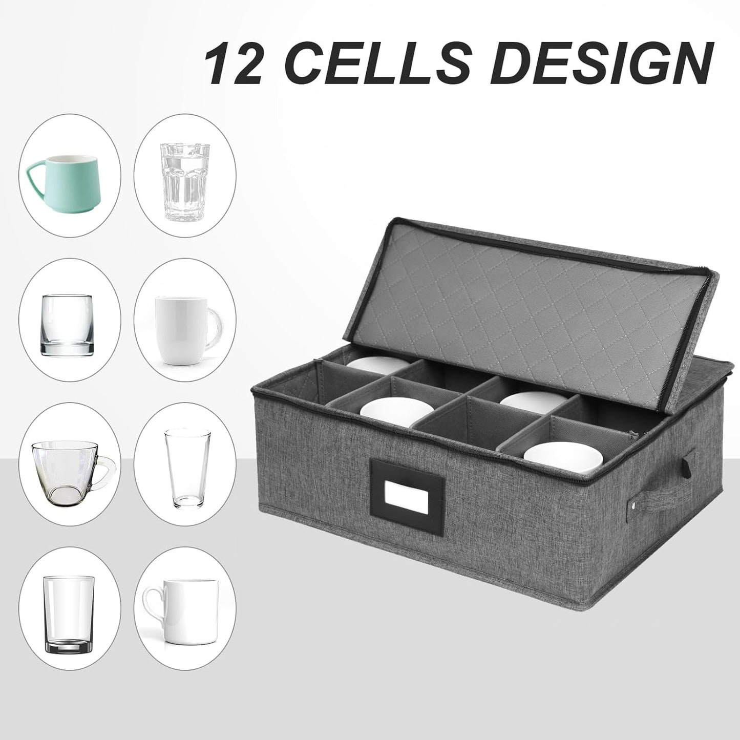 Mug Storage Box with Dividers, China Storage Containers for Tea Cups and Coffee Mugs with Zipper Lid and Rivet Reinforced Handles, Hard Shell and Stackable (Black)