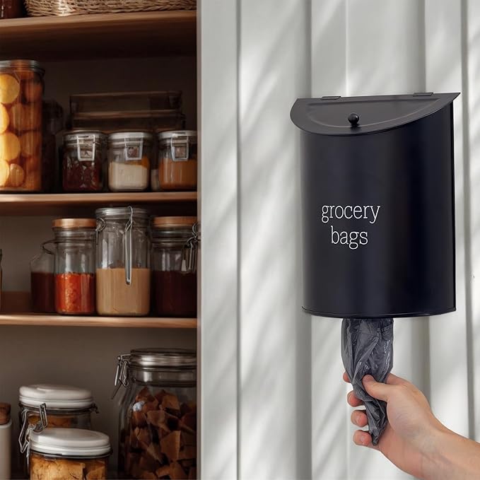 AuldHome Design Enamelware Grocery Bag Holder (Black); Wall-Mounted Modern Farmhouse Style Plastic Bag Dispenser for Kitchen or Laundry Room