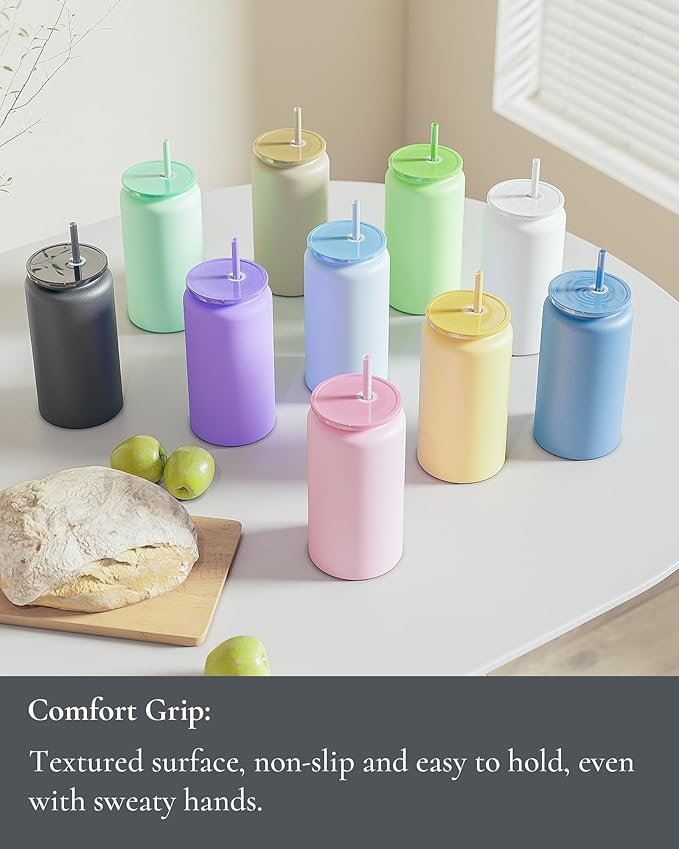 Glass Cups With Lids and Straws, 16oz Stainless Steel Drinking Vessels for Beer, Iced Coffee, Smoothies - White (Textured Matte Finish, Not Sublimatable)