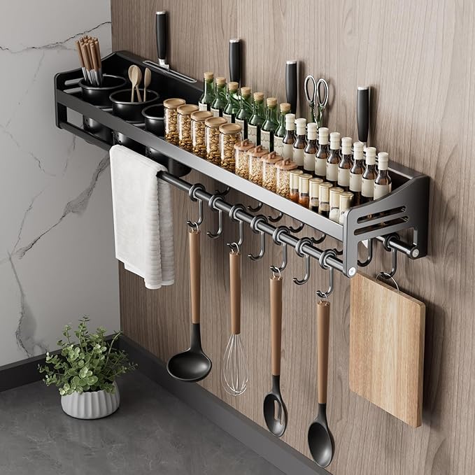 kitchen utensil hanger, wall mounted rail with hooks, waterproof hooks for utensils, easy installation without drilling (31.5 inches, Count, 3)