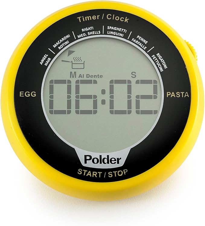 Polder Digital Egg and Pasta Timer with Preset Times and Built-in Clock, Yellow