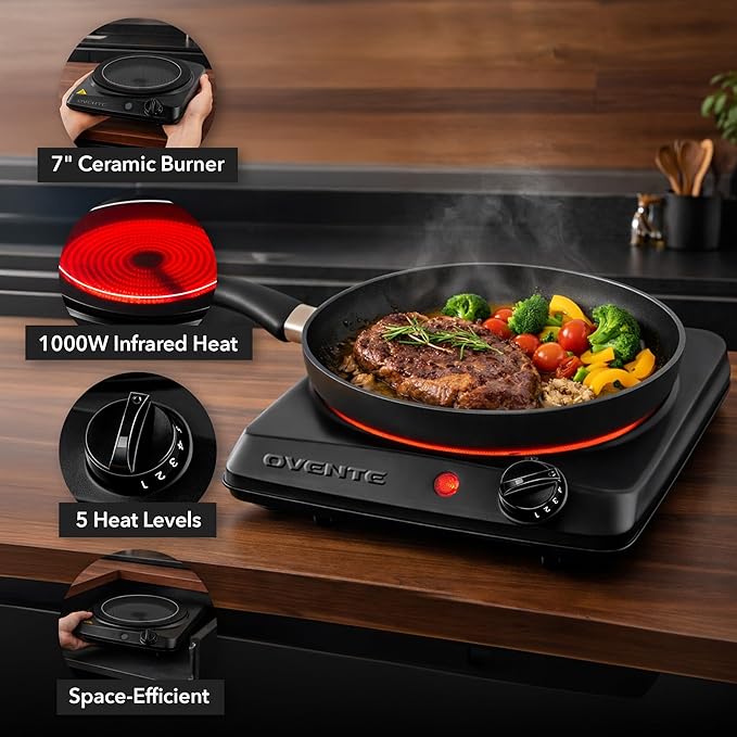 OVENTE Countertop Infrared Single Burner, 1000W Electric Hot Plate with 7” Ceramic Glass Cooktop, 5 Level Temperature Setting & Easy to Clean Base, Compact Stove for Home Dorm Office, Black BGI101B