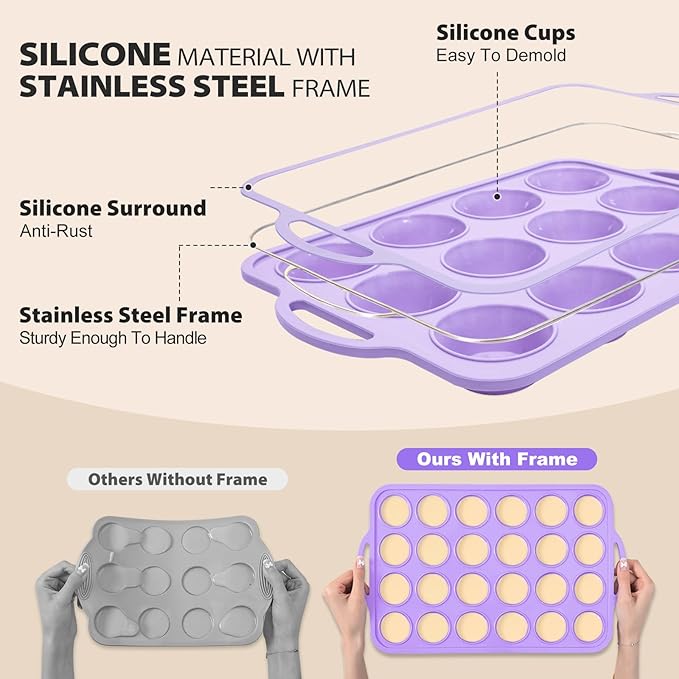 2 Pack Silicone Muffin Pan 12 and 24 Cup with Metal Frame, Non Stick Silicone Mini Cupcake Pan with Handles, BPA Free Silicon Regular Muffin Tin Tray Small for baking, egg bites, Mold Purple