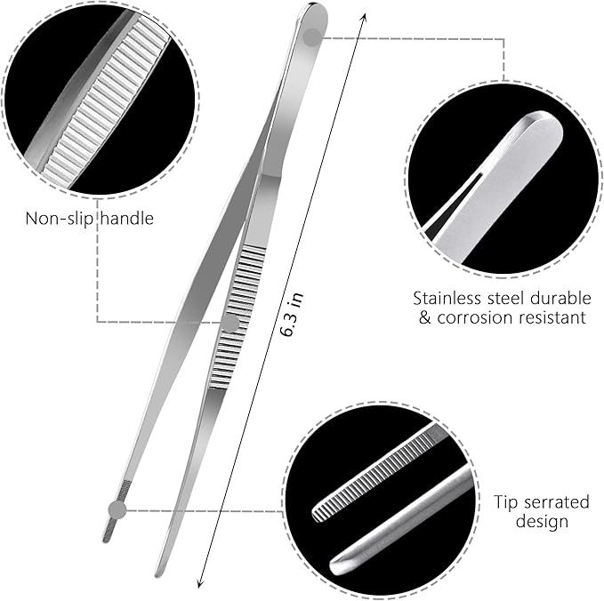 6.3 Inch Food Tweezers Stainless Steel with Precision Serrated Tips, 5PCS Kitchen Tweezers Set for Cooking, Baking, Cookie Cake Decoration, Metal Plating Tweezers