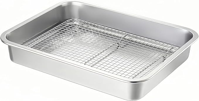 Stainless Steel Sturdy Roasting Pan with Cooling Rack – Oven, Toaster & Grill Safe, Deep Edge, Smooth Finish, Dishwasher Safe – Perfect for Turkey, Chicken, BBQ (15.5x11.6x2.8in)