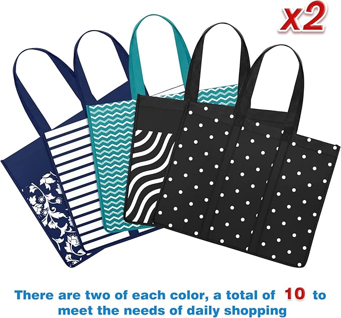 Fab totes 10 Pack Reusable Grocery Bags 35L Large Capacity Reusable Shopping Bags for Groceries Heavy Duty Waterproof Tote Bags for Shopping and Picnic