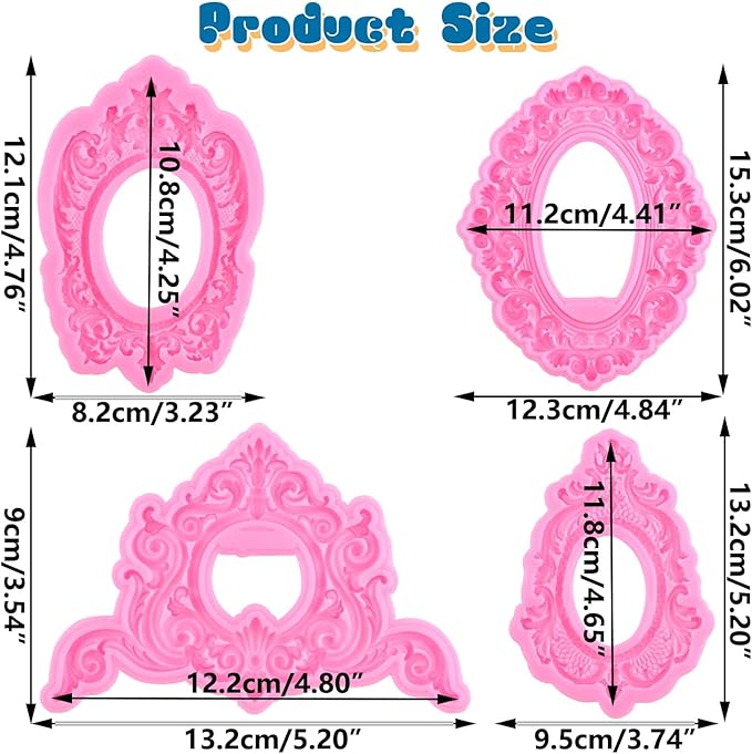 Mujiang Picture Frames Silicone Molds Photo Frame Fondant Mold Baroque Vintage Frame Candy Mold Relief Frame Mold For Sugar Cake Decorating Cupcake Topper Chocolate Gum Paste Polymer Clay Set Of 4