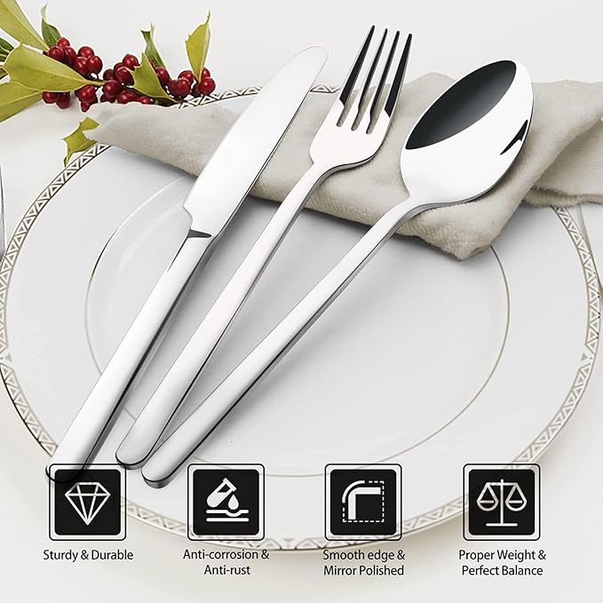 KINGSTONE Silverware Set, 10 Piece Flatware Cutlery Set for 2, 18/10 Stainless Steel Silverware Mirror Polished Dishwasher Safe for Home, Restaurant, Wedding, Party