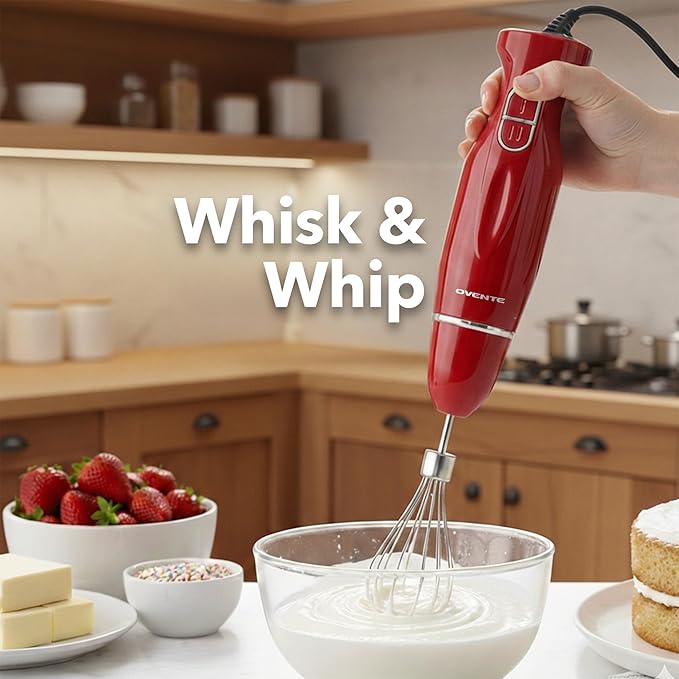 OVENTE Immersion Hand Blender Set, 300W Electric Handheld Stick Mixer, 2 Mixing Speeds with Stainless Steel Blades, Egg Whisk, Beaker & BPA-Free Food Chopper, Red HS565R