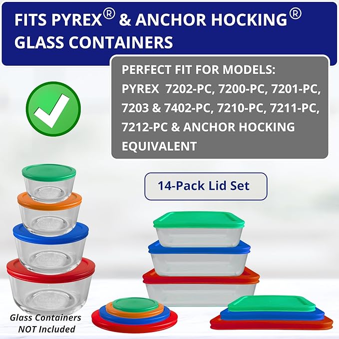 1, 2, 4 & 7 Cup Round & 3, 6, 11 Cup Rectangle Replacement Lids/Covers for Pyrex, Anchor Hocking & KlareWare Storage Bowls *Lids Only -Glass Container Not Included*, 14 Pack *2 of Each Size*