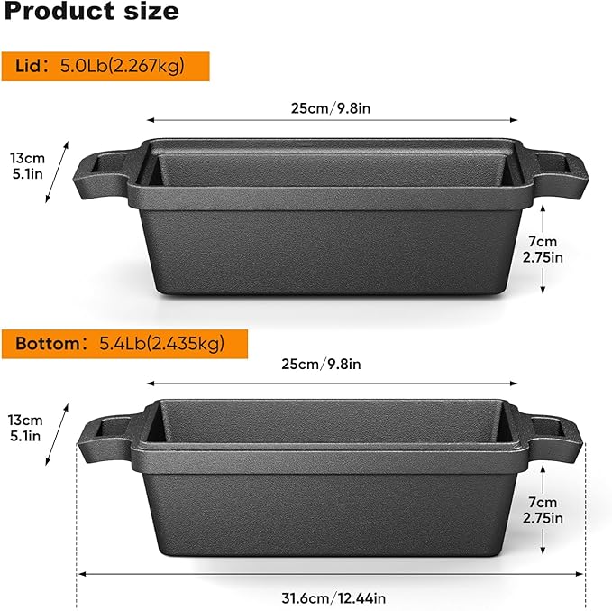9×5 Inch Cast Iron Loaf Pan with Lid, bread pans for baking, 2 Piece Set | Even Heat Distribution Bread Baking Pan for Homemade Sandwich Bread, Banana Bread, Cakes, Meatloaf
