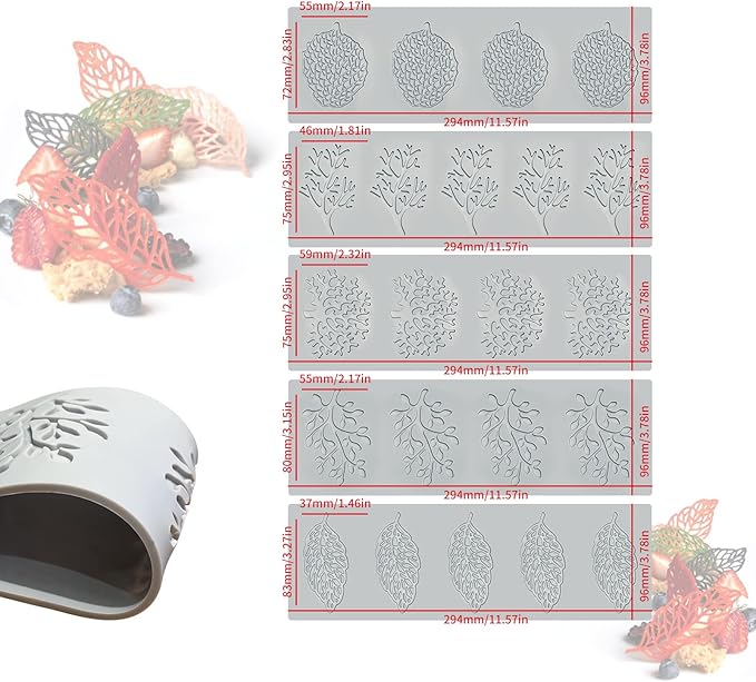 5PCS Leaf Molds Silicone Baking Fondant Tuile Molds, Hollow 3D Coral Branch Leaf Tuille Lace Silicone Cake Moulds, Polymer Clay Mold for Baking, Resin, Clay, Sugar Craft, Dessert Cake Decoration