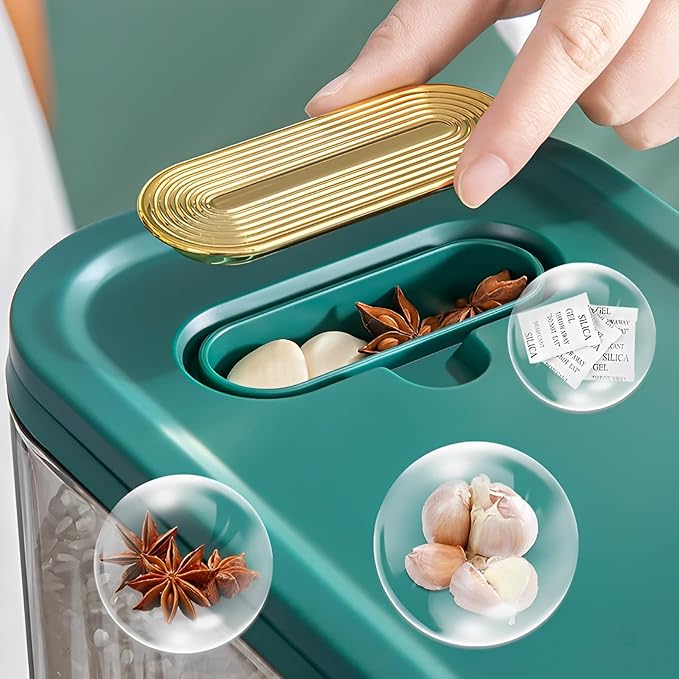 Sooyee 11 Lbs Rice Dispenser, Large Grain Container Storage with Lid Measuring Cylinder Moisture Proof Household Cereal Dispenser Bucket for Kitchen Soybean Corn,Clear and Green