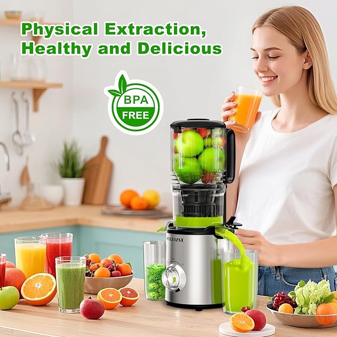 Juicer Machines, Cold Press Juicer with 5.3'' Large Feed Chute, Fit Whole Fruit and Vegetable Slow Juice Extractor Machine, 300W Masticating Juicers Easy To Clean, High Juice Yield, BPA Free