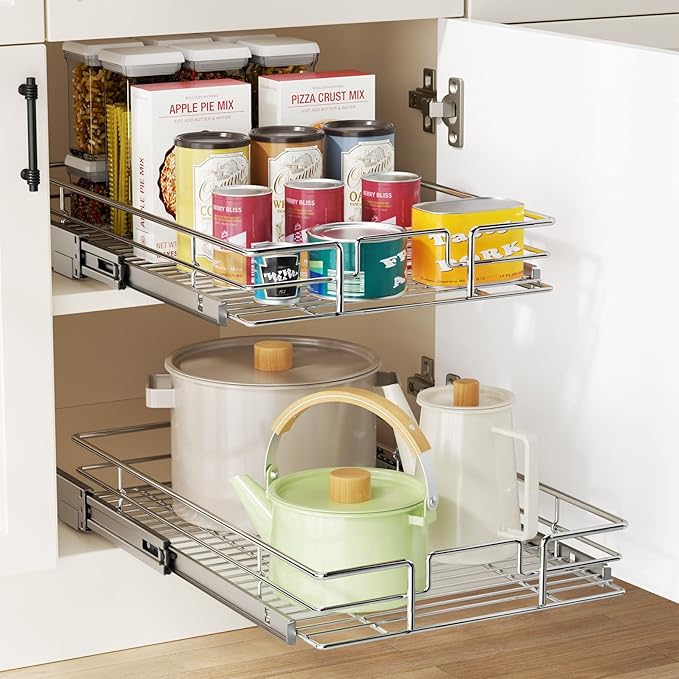 LOVMOR Pull Out Cabinet Organizer 14" W x 18" D, Kitchen Cabinet Pull Out Shelves Slide Out Storage…