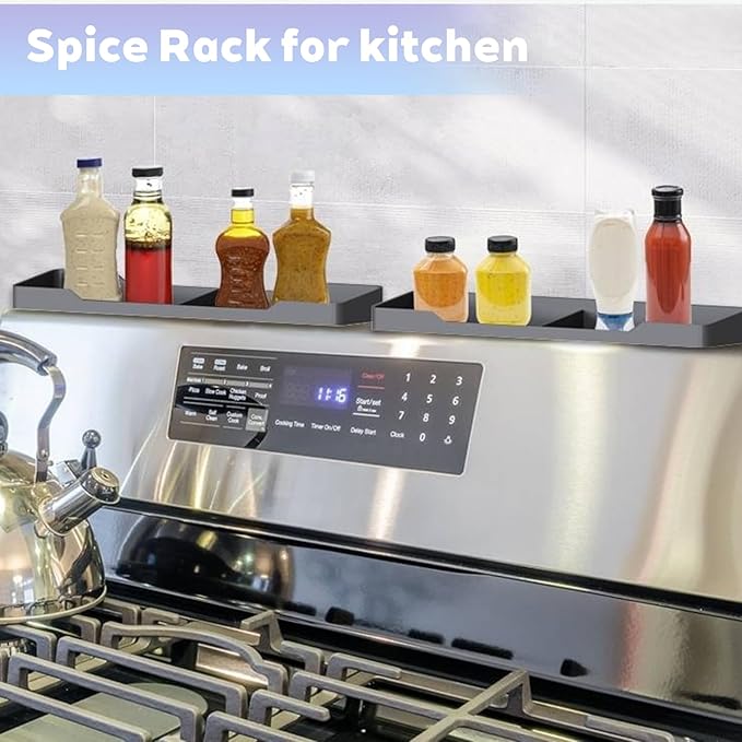 15 Inch Magnetic Silicone Stove Top Shelf,Heat Resistant Over The Stove Spice Rack for Kitchen,Space Saving Organizer Back of Stove,Includes 3 Additional Sticky Boards(Light Grey, 15''x3.8'')