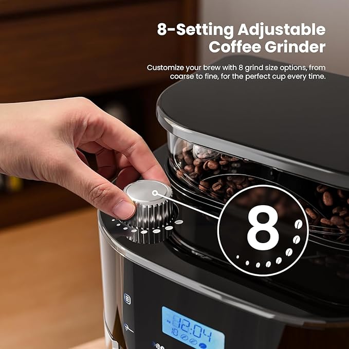 Kismile 10-Cup Digital Drip Coffee Maker with Built-In Grinder, Programmable, 12H Timer, Keep-Warm Function, Customizable Strength & Grind Size, Coffee Machines with Smart LED Touchscreen