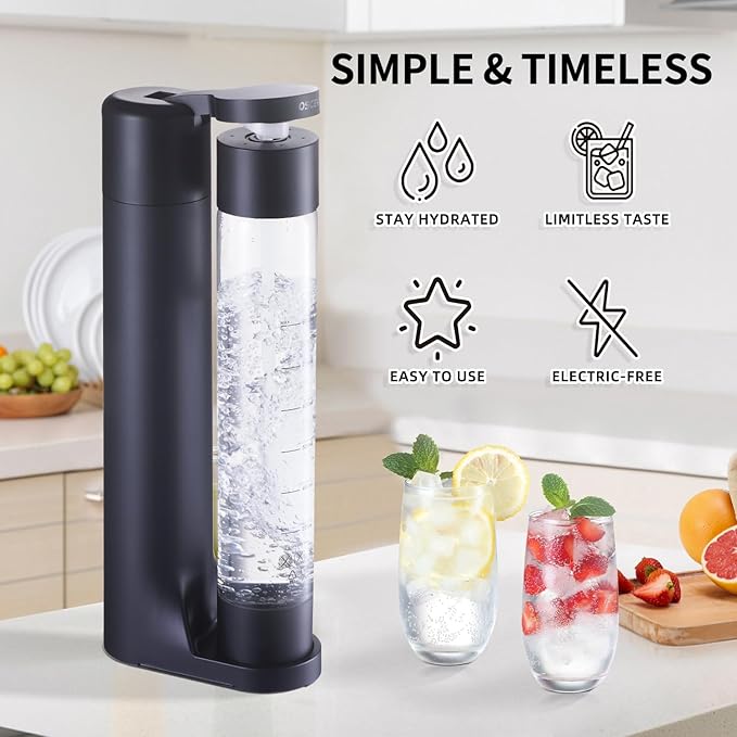 Sparkling Water Machine Soda Maker Beverage Drink Dispenser for Home, Soda Streaming with 1L BPA Free Bottle, 2 Portable Bottle for travel, Seltzer & Carbonator Srew-in 60L CO2 (NOT Included), Black