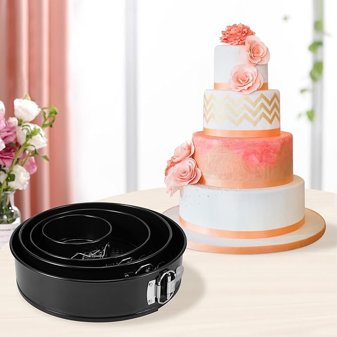 Springform Pan Set of 4, 4/7/9/10inch Cake Pans with Leakproof Silicone Protector, Non-Stick Leak-Proof with Removable Bottom, Cheesecake Pan for Baking, Black