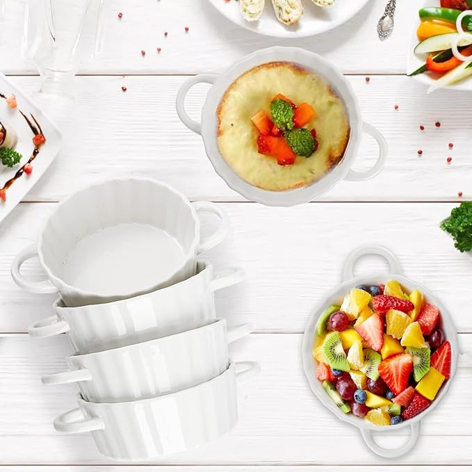 Foraineam 6 Pack Oven Safe Porcelain Souffle Dishes with Double Handles, 10 Ounce Round Mini Quiche Pan, Baking Pie Dish Ramekins For Pudding, Creme Brulee, Souffle