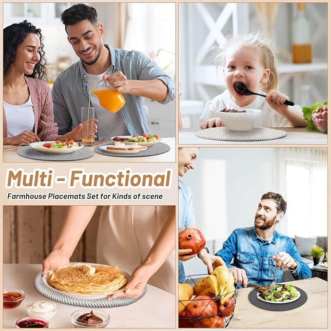 Billbotk Round Woven Placemats Set of 4, 13 Inches Kitchen Table Place Mats for Dining Table, Trivets for Hot Pots and Pans, Boho Table Decorations for Table Setting, Tabletop Accessories