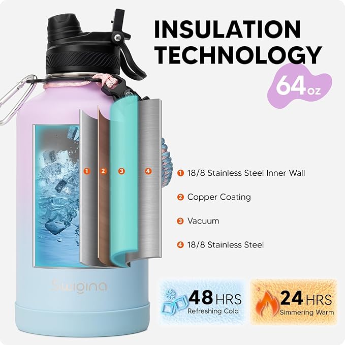 Swigina [2-IN-1 LID] 64 oz Insulated Water Bottle with Silicone Boot (48hrs Cold/24hrs Hot) - DIY Stickers, Leakproof, BPA Free, Half Gallon
