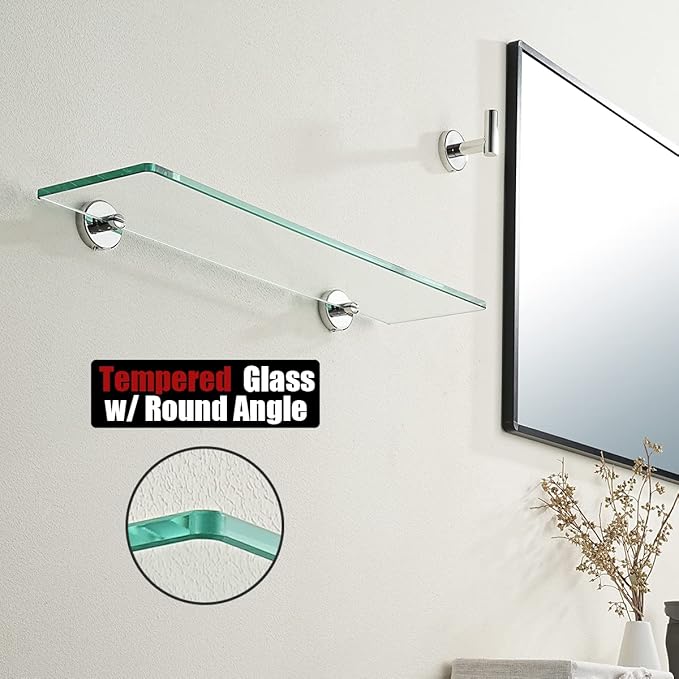 JQK Bathroom Glass Shelf Chrome, Tempered Glass Shower Storage 20 by 5 inches, 304 Stainless Steel Polished Chrome Wall Mount, 2 Pack, TGS101L20-CH-P2
