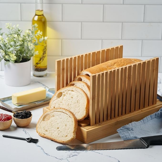 Bread Slicer for Homemade Bread with 10-Inch Serrated Bread Knife – Adjustable Width Bamboo Bread Cutter for Loaves, Bagels, Cakes – Cutting Guide with Crumb Tray