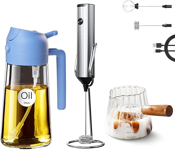 YARRAMATE 16oz/470ml Glass Olive Oil Sprayer (Blue), 180ml Glass Measuring Cup and Rechargeable Milk Frother