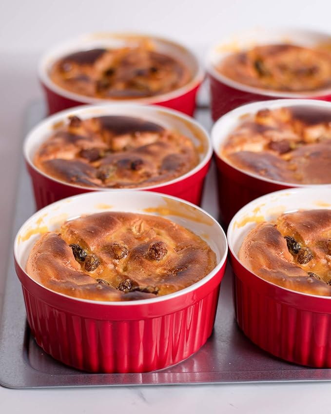DELLING 12 oz Ramekins Set of 6 - Porcelain Creme Brulee Oven Safe Souffle Dishes, Ceramic Custard Cups for Baking, French Onion Soup Bowls - Red Ramekin Dessert Bowls, Dishwasher Microwave Safe