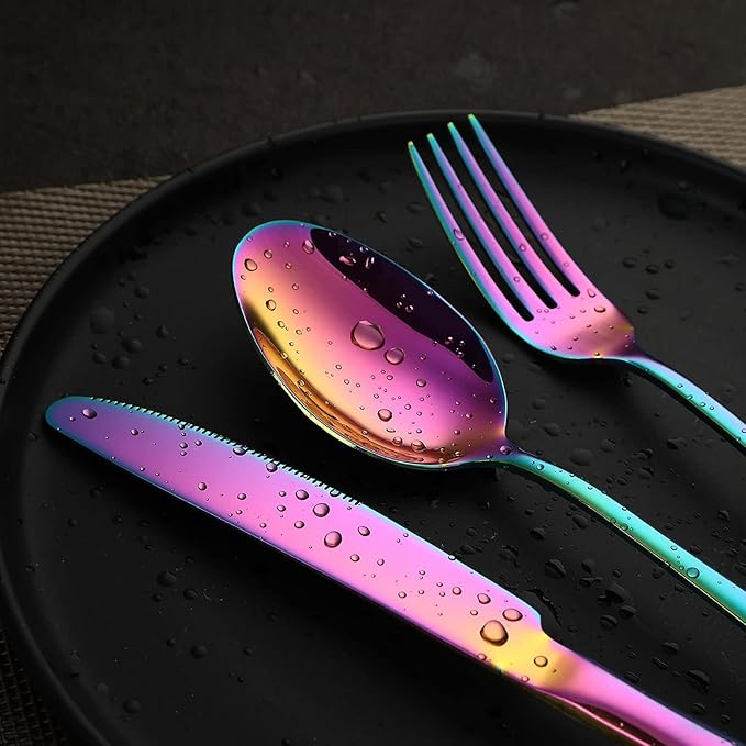 Rainbow Silverware Set Flatware Cutlery - 30 Pieces Stainless Steel Colorful Utensils, Tableware Set Service for 6, Include Knife/Fork/Spoon, Reusable, Mirror Polished, Dishwasher Safe