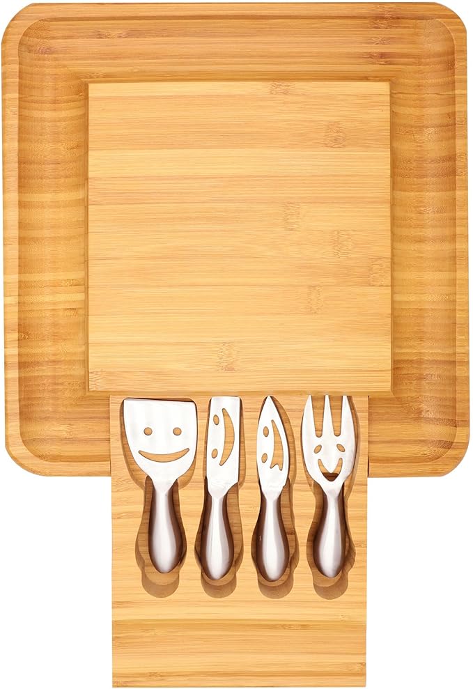 Sarolta Homewares Bamboo Cheese & Sushi Cutting Board and Platter with Brushed Stainless Steel Cutlery Set - Single Set