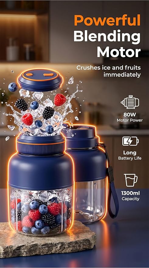 Portable Wireless Juicer Cup - 44 oz Cordless Blender with 38-Blade 18000 RPM High-Speed Motor, USB-C Rechargeable Personal Smoothie Maker for Gym, Travel, and Outdoors (Double Cup-Blue,44oz)