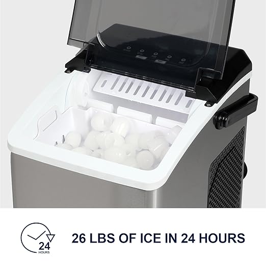 Kenmore Countertop Ice Maker – Maquina para Hacer Hielo en Casa, Nugget Ice Maker Makes 9 Pebble in 6 Mins, Portable Self‑Cleaning Ice Machine, 26 Lbs/Day, Stainless Steel