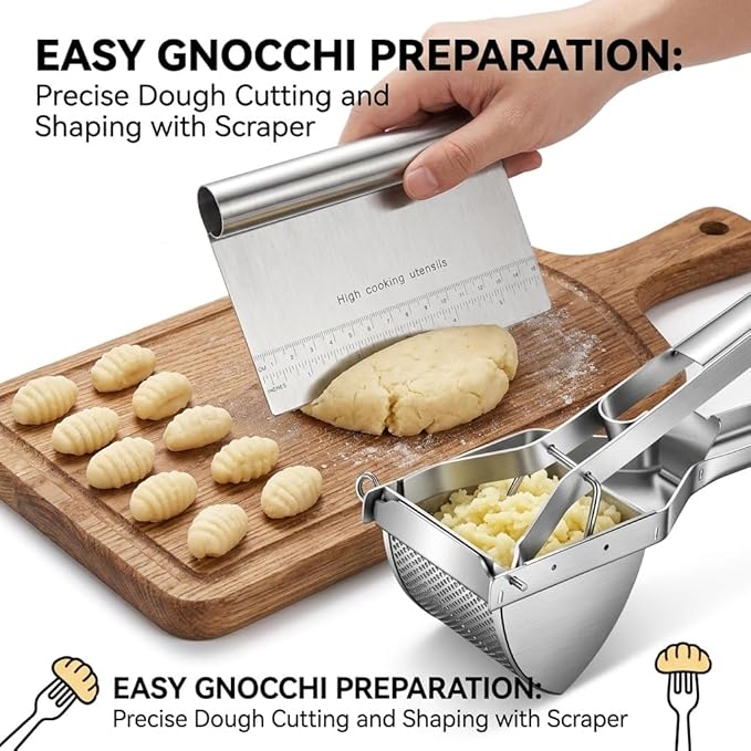 Stainless Steel Potato Ricer with Dough Scraper - Masher for Mashed Potatoes, Gnocchi & Fruit - Dishwasher Safe