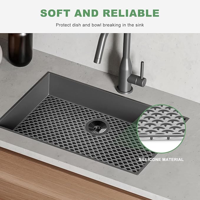 Sink Protectors for Kitchen Sink - Large 28.4"x 15" with Rear Drain Hole Heat Resistant Easy Clean Non-slip Silicone Kitchens Sinks Mat for Bottom of Kitchen Sinks Stainless Steel(Grey)-72x38CM