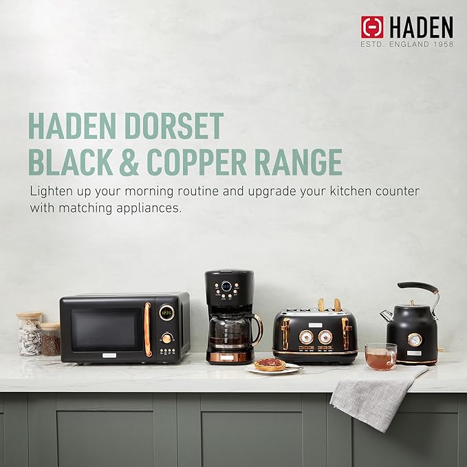 Haden Dorset 1.7 Liter Stainless Steel Electric Kettle with 360-Degree Base Bundled with 2 Slice Wide Slot Stainless Steel Toaster, Black & Copper