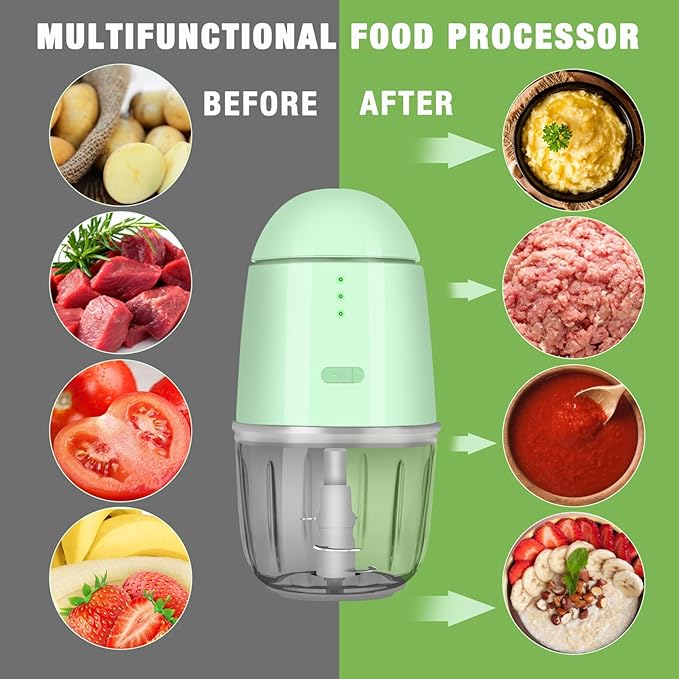 Food Processor - Rechargeable Mini Food Processor & Portable Small Food Chopper for Vegetables Fruit Onion Garlic, Kitchen 1.3Cup 10 0z,150 Watts, Glass Container Dishwasher Safe (Green)