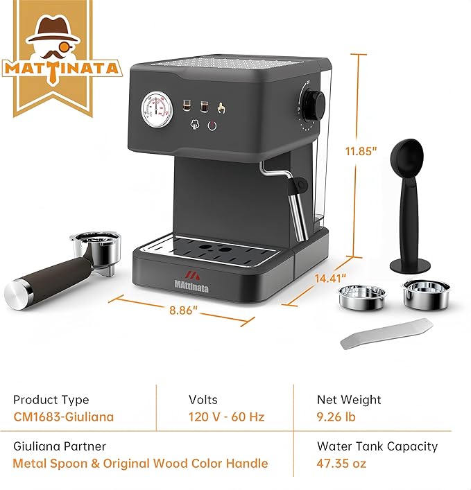 MAttinata Espresso Machine 20 Bar, Espresso Coffee Maker with Professional Milk Frother Steam Wand for Cappuccino & Latte, 60oz Removable Water Tank for Home，Stainless Steel
