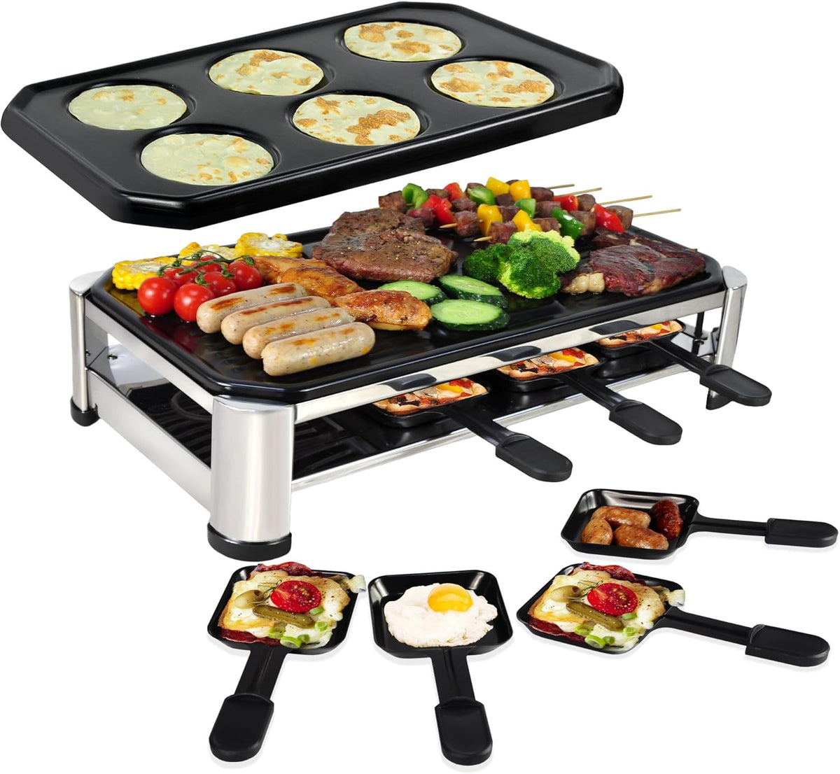 TAMARIT 8-Person Raclette Grill, Electric Party Grill with Nonstick grill & crepe Plates, 8 Pans & Spatulas, 1500W (Indoor), Stainless Steel