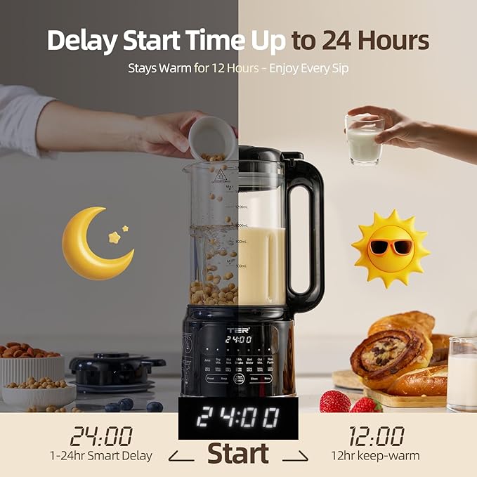 50OZ Nut Milk Maker Machine, TER 10-in-1 Soy Milk Maker for Almond/Oat/Soy Milk, Juice, Milkshake, Rice Paste, Auto Clean/24H Preset Time/12H Keep Warm, with 7 Accessories, Black