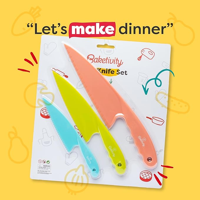 Baketivity 3 Piece Kids Knife Set | Plastic Kids Safe Knives for Kitchen | Toddler Knife Set for Real Cooking | Dishwasher Safe, Kid Friendly Safe Knives Set for Cutting Fruits, Veggies, Cakes